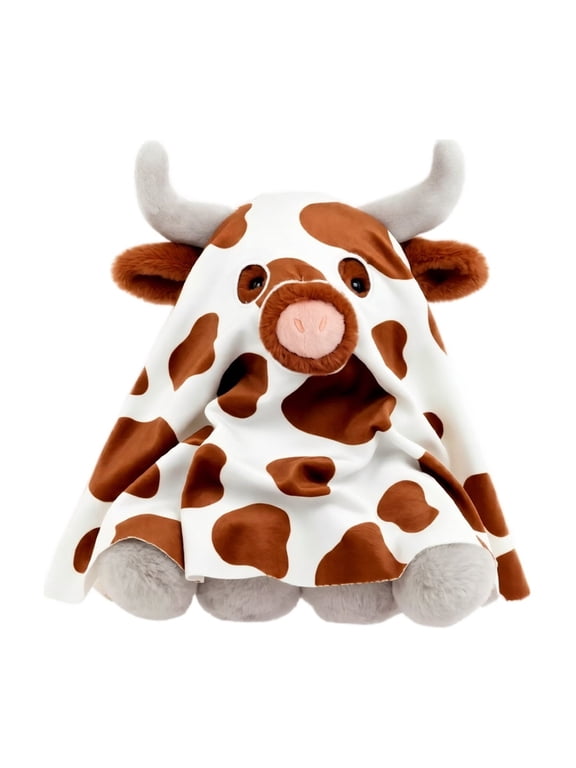 Holiday Spotted Longhorn Cow Ghost Plush Toy, Soft Stuffed Highland Cow Plush, Spotted Ghost‑Design Figure for Halloween Shelf Decor, Holiday Party & Gifting