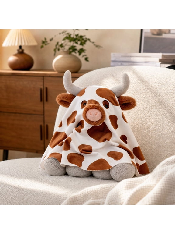 Holiday Spotted Longhorn Cow Ghost Plush Toy, Spotted Longhorn Cow In Ghost Costume Plushie, Collectible Table Ornament for Halloween Season