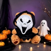 Moonsky Horror Masked Bear Plush Toy, 14.6 Inch Black Hooded Stuffed Animal Doll, Cute Scary Halloween Home Decor, Soft Hugging Pillow Gift