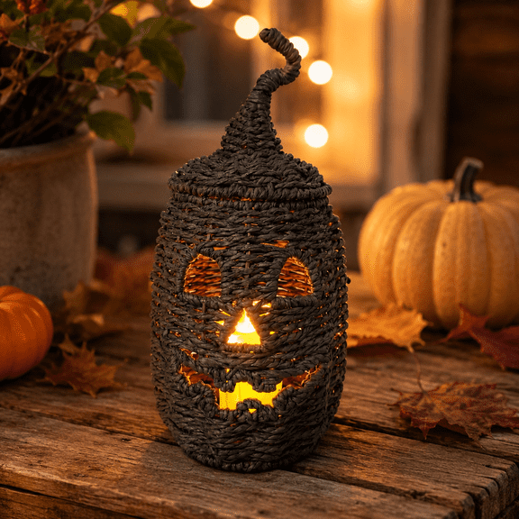 Moonsky Lighted Rattan Pumpkin, 12.2-Inch Hollow-Carved Design, Integrated Warm-Glow LED, Festive Halloween Atmosphere Decor