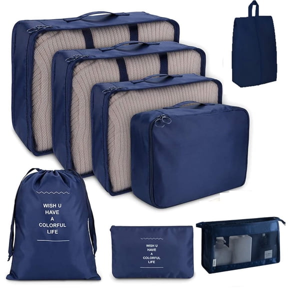 Moonsky Packing Cubes 8 Piece Set Lightweight Travel Luggage Storage Bags Foldable Multi-Functional Organizers for Vacation Family Trips Navy 8PC