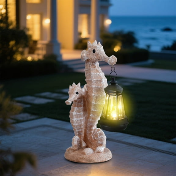 Moonsky Seahorse Family Solar Lantern Statue Coastal Themed Accent with LED Light Decorations, Outdoor Garden Decor for Patio Lawn Yard Pathway Gift Idea for Women Mom Mothers Day as show