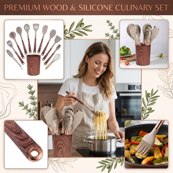Moonsky Silicone Kitchen Utensil Set, 11-Piece Heat Resistant Cooking Tools with Wood Grain Handles