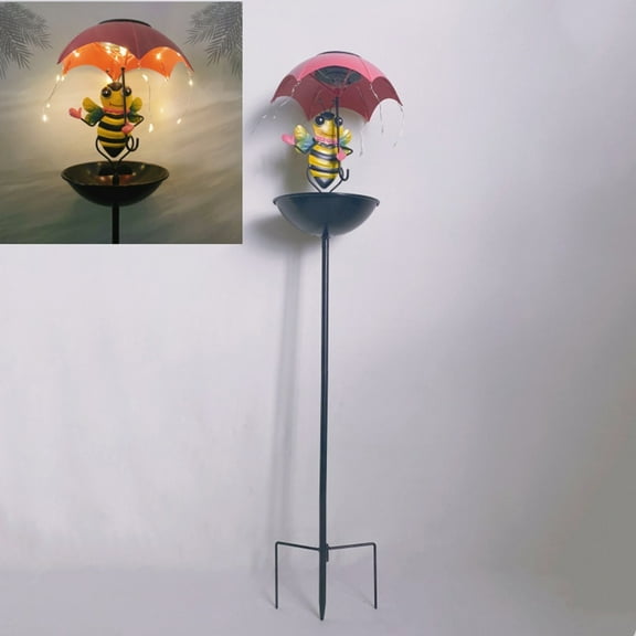 Moonsky Solar Bee Bird Feeder Light, Wrought Iron Animal Umbrella LED Lamp, Waterproof Metal Yard Decor with Integrated Feeding Bowl Bees 36IN