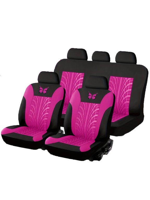 Waterproof Embroidered Polyester Universal Car Seat Covers 9-Piece Full Set for 5-Seat Vehicle SUV Truck Hot Pink 9PC