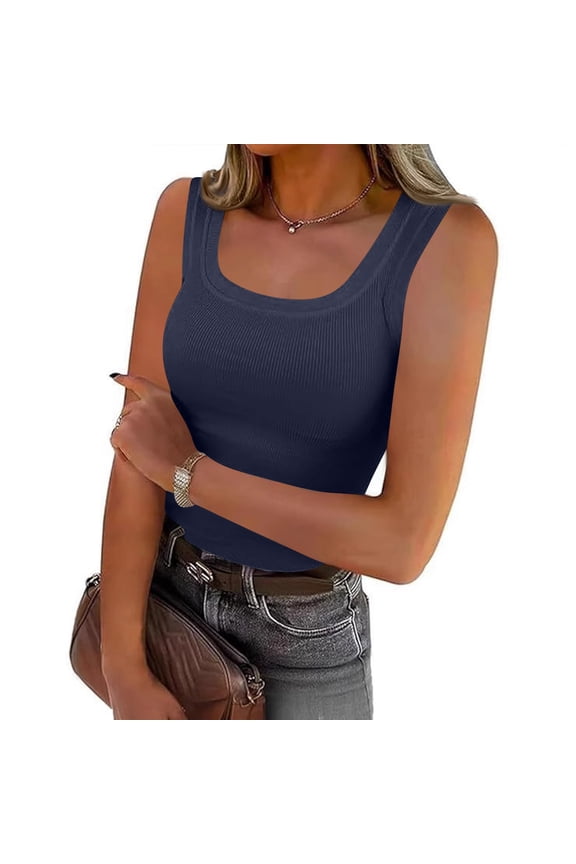 Moonsky Womens Square Neck Tank Tops Solid Color Ribbed Knit Cami Summer Layering Vest Sleeveless Blouse Fitted Base Layer TShirts Navy M
