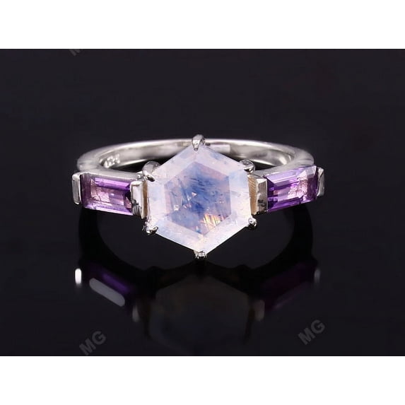 Moonstone Amethyst Ring, Vintage Amethyst Ring, Moonstone Ring, 925 Silver, Solitaire Ring, February Birthstone, Promise Ring, Gift