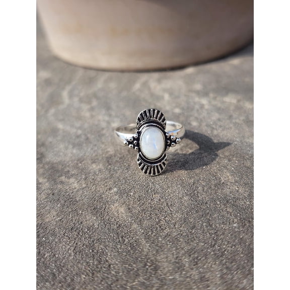 Moonstone Birthstone Ring Boho Sterling Silver With Oval Cabochon, Tribal Design