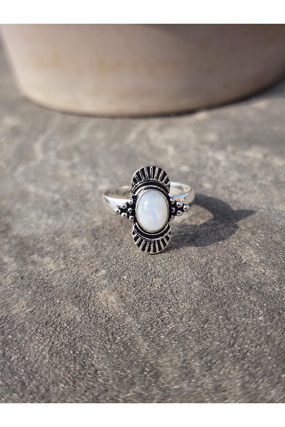 Moonstone Birthstone Ring Boho Sterling Silver With Oval Cabochon, Tribal Design