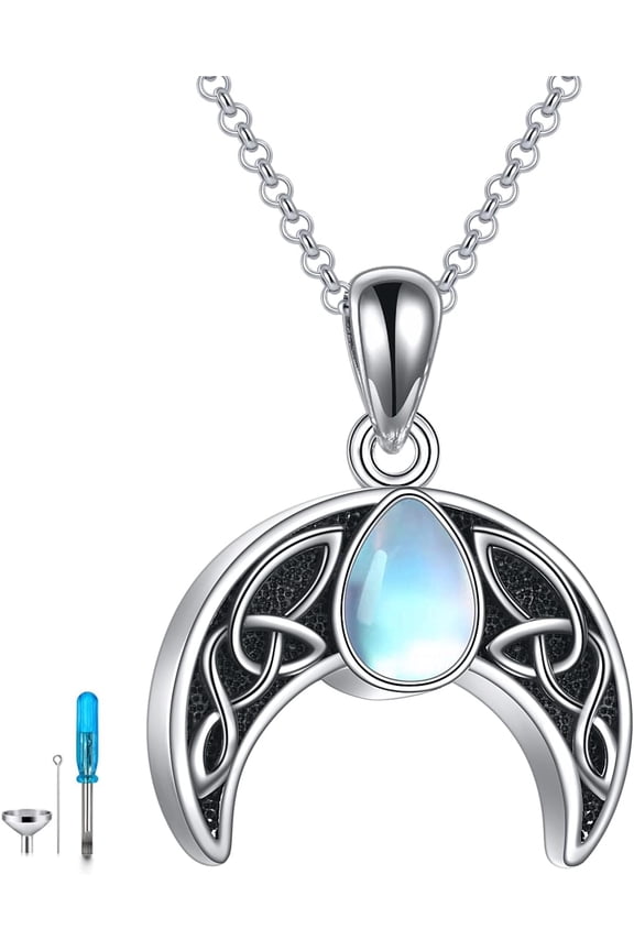 Moonstone Celtic Moon Urn Necklace for Ashes for Women 925 Sterling Silver Viking Cremation Jewelry for Women