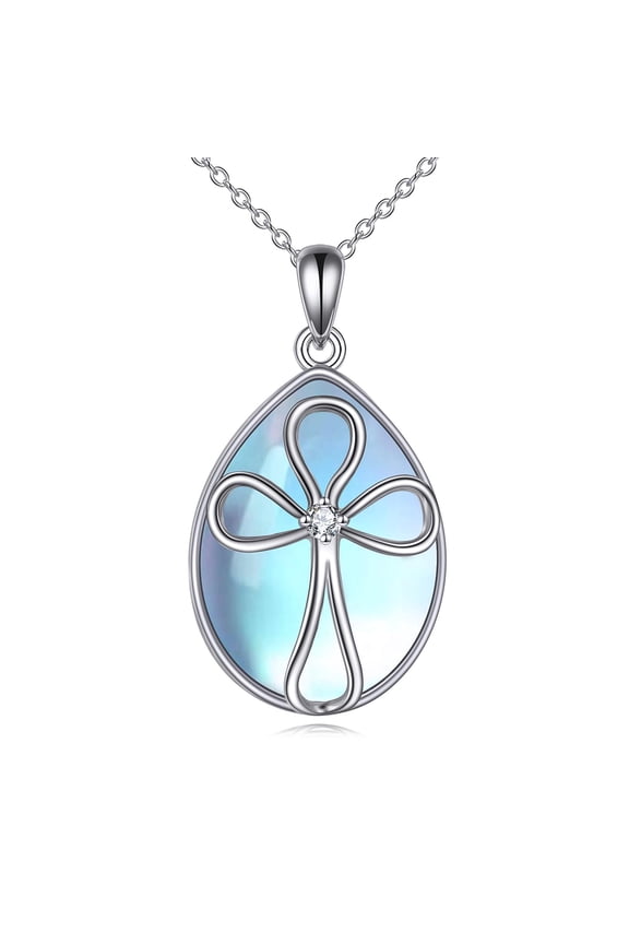 Moonstone Cross Necklace 925 Sterling Silver Cross Cubic Zirconia Pendant Necklace Jewelry for Women (X-Moonstone Cross Necklace)