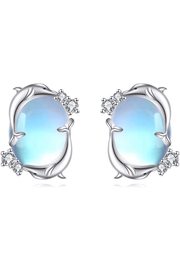Moonstone Dolphin Earrings Sterling Silver Jumping Double Dolphin Stud Earrings Jewelry Gifts for Women