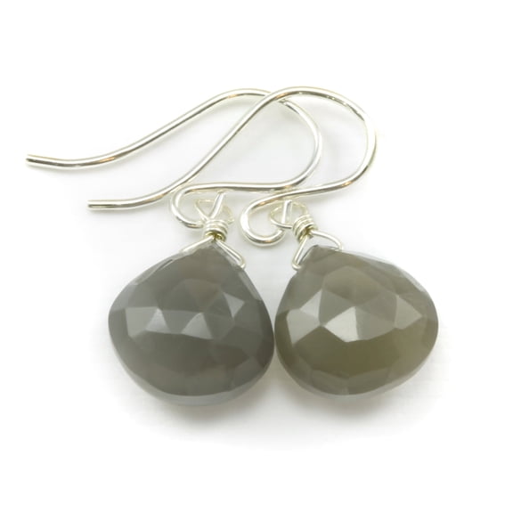 Moonstone Earrings Shimmery Gray Faceted Heart Drops Sterling Silver Spyglass Designs