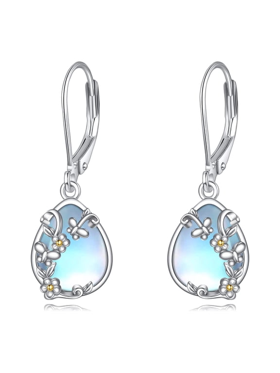 Moonstone Earrings for Women 925 Sterling Silver Daisy Butterfly Drop Dangle Earrings Leverback Teardrop Jewelry Gifts (E-Moonstone Daisy Butterfly)