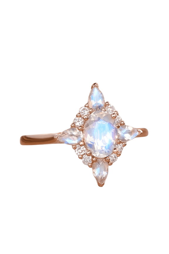 Moonstone Engagement Ring- Oval Cut Diamond Ring in 14K Rose Gold Vermeil- Art Deco Milgrain Ring