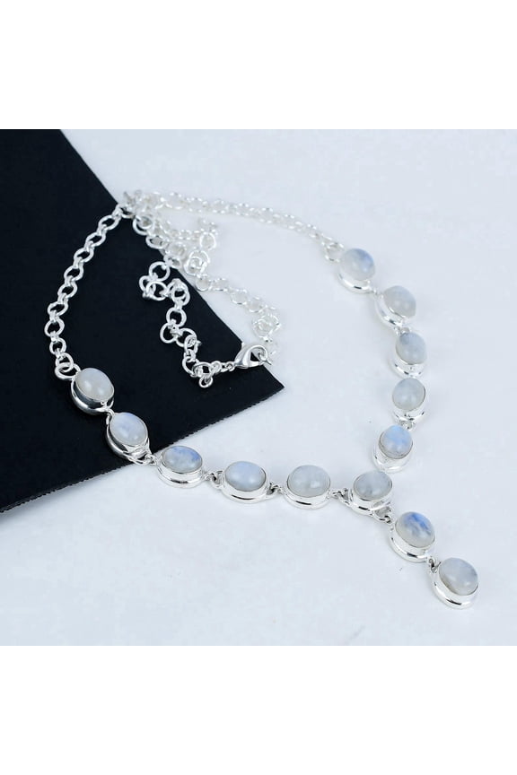 Moonstone Gemstone Necklace Handmade Beautiful Necklace Natural Oval Cushion Blue Flashy Rainbow Moonstone 925 Sterling Silver High Polished Jewelry 20 Inch Adjustable Necklace