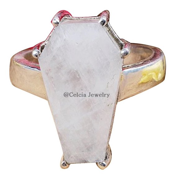 Moonstone Natural Healing Gemstone Unisex Ring, Solid 925 Sterling Silver Prong Setting Coffin Ring, Statement Promise Proposal Western Ring, Unique June Birthstone (moonstone, Size 7)