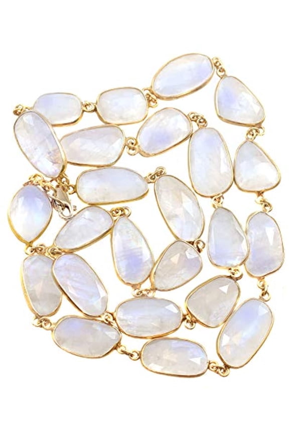 Moonstone Necklace Rainbow Blue Flash Goldtone Bezel Large Off Round Faceted Stones by 36" Designed for Adult Women