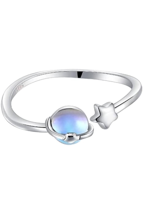 Moonstone Planet Star Ring 925 Sterling Silver for Women Celestial Saturn Adjustable Open Wrap Finger Rings Comfort Fit Cute Dainty Birthday Christmas Jewelry Gift for Daughter Sister