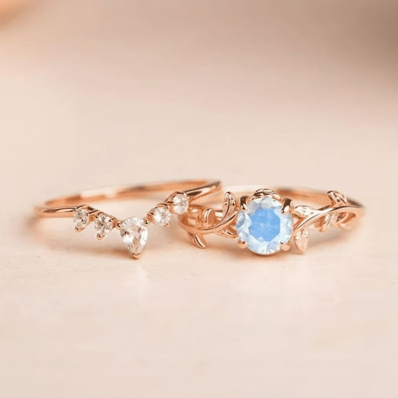 Moonstone Promise Ring Set in 14K Rose Gold Vermeil- Leaf Engagement Ring Set- Bridal Ring