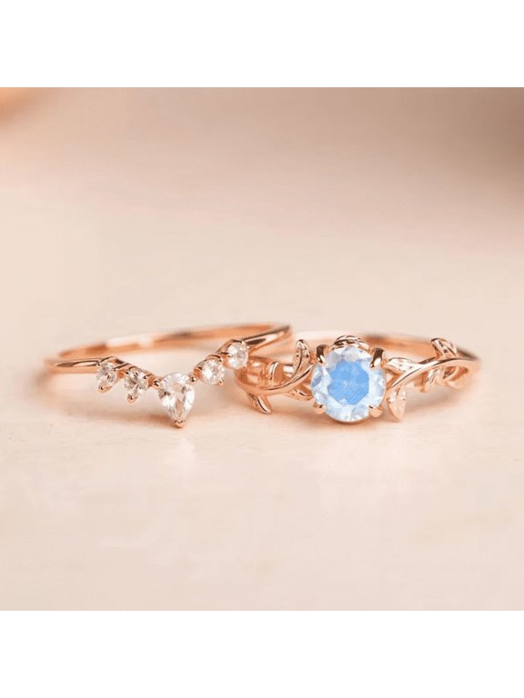 Moonstone Promise Ring Set in 14K Rose Gold Vermeil- Leaf Engagement Ring Set- Bridal Ring