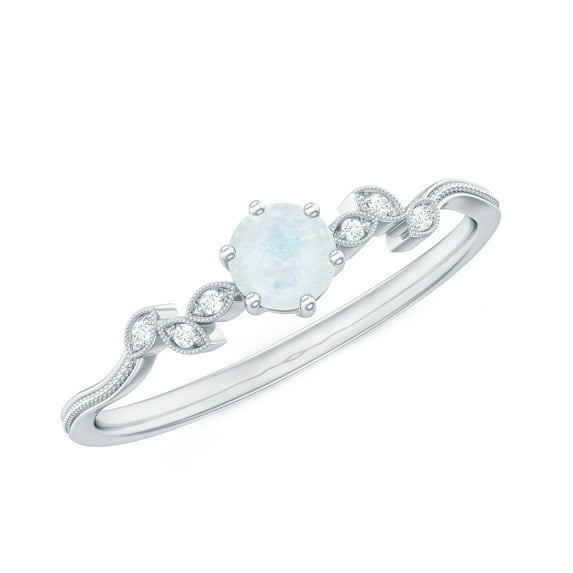 Rosec Jewels Moonstone Promise Ring with Diamond, Nature Inspired Leaf Ring - AAA Quality, 925 Sterling Silver, US 4.00
