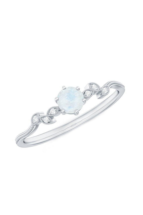 Moonstone Promise Ring with Diamond, Nature Inspired Leaf Ring - AAA Quality, 925 Sterling Silver, US 5.00