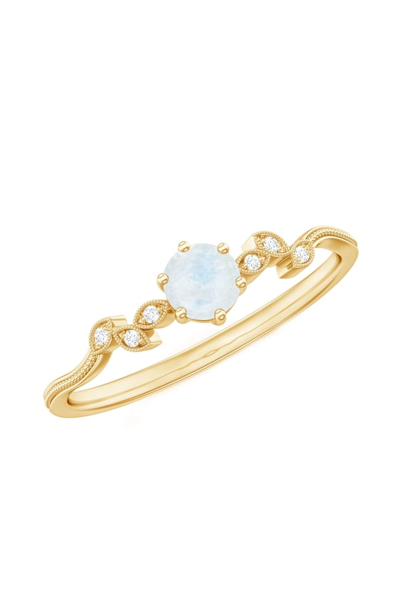 Natural Moonstone Promise Ring with Diamond - Nature Inspired Leaf Ring for Women - Ready to Gift with Jewelry Box, 18K Yellow Gold, US 6.00
