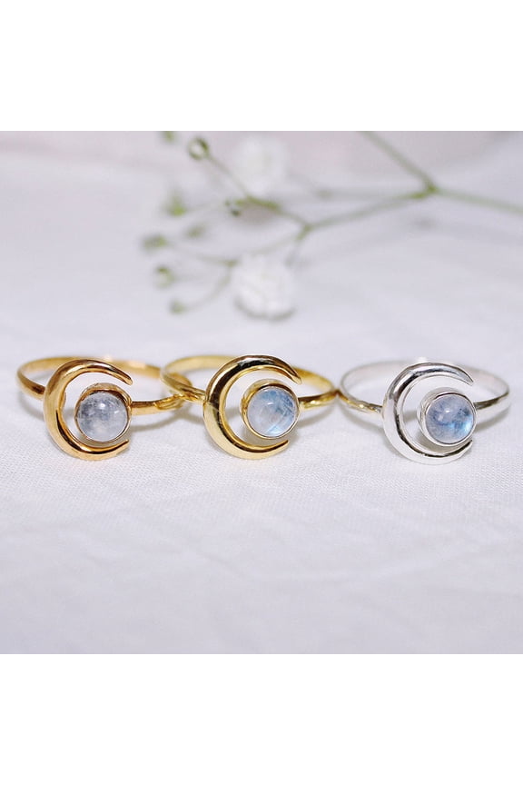 Moonstone Ring 925 Silver Plated Moon Design Jewelry Gift for Women Elegant Dainty Brass and White Steel Basis