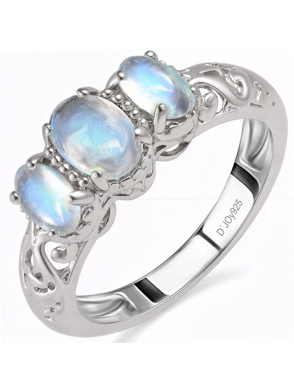 3-Stone Rainbow Moonstone Ring Size 5 Silver Platinum Plated