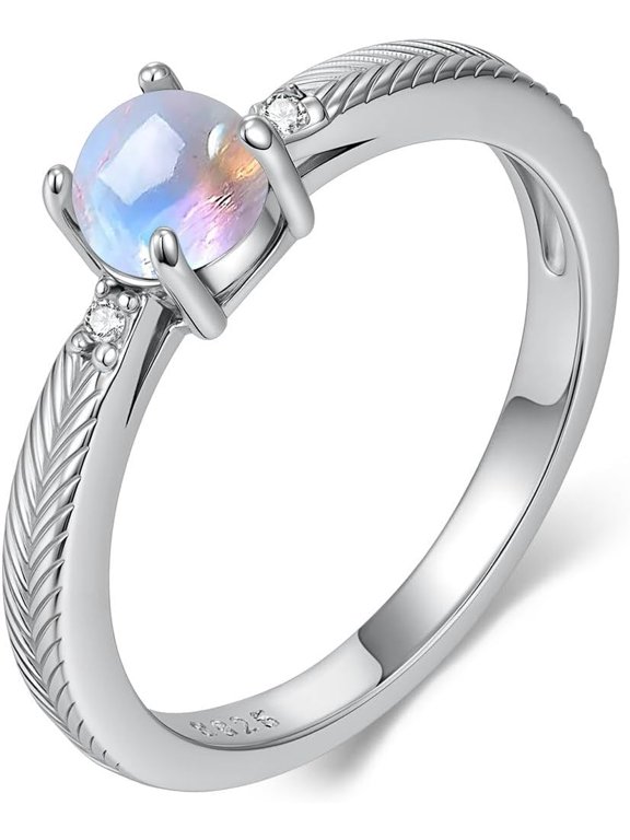 Moonstone Ring Sterling Silver Natural Round Moonstone Engagement Promise Ring for Women