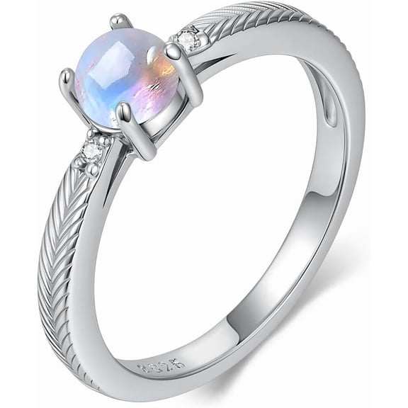 Moonstone Ring Sterling Silver Natural Round Moonstone Engagement Promise Ring for Women