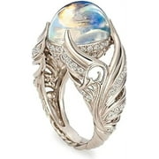 ZDWQFA Moonstone Ring for Women, 925 Sterling Silver Ring Angel Wings Wedding Band Charming Diamond Engagement Promise Ring