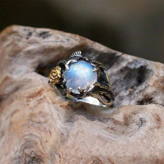Moonstone Rose Flower Rings Antique Silver Color Natural Stone Leaf Plant Copper Jewelry Party Birthday Gift For Women
