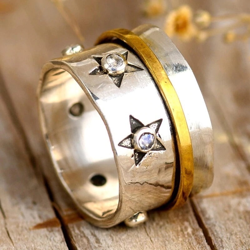 Moonstone Rotatable Metal Alloy Finger Fidget Spinner Ring For Men And Women Relief Anxiety Jewelry Gold Tones