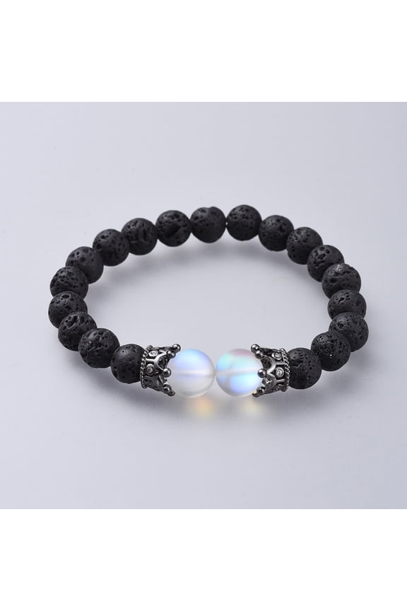Moonstone Stretch Bracelets with Natural Lava Rock Beads and Brass Micro Pave Cubic Zirconia Beads Gunmetal 1-7/8 inch(4.9cm)