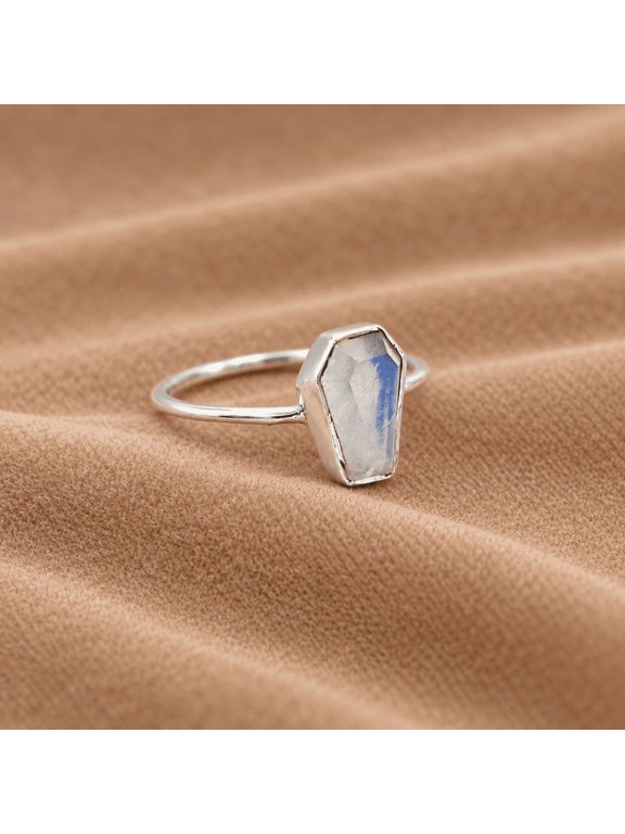 Moonstone Style Geometric Coffin Ring, Faux Iridescent Decorative Stone, Minimalist Statement Ring, Handmade Inspired Jewelry
