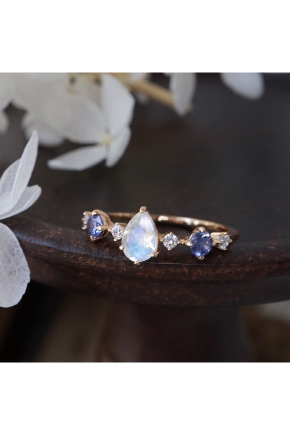Adjustable Water Drop Ring With Moonstone And Tanzanite Accent Geometric Copper Opening Jewelry Fashion Copper