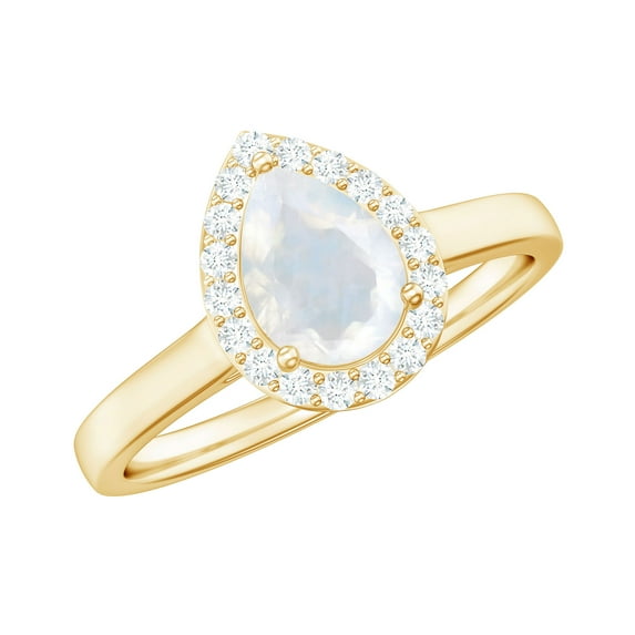 Rosec Jewels Moonstone Teardrop Ring with Diamond Halo (AAA Quality) - Engagement Ring, 10K Yellow Gold, US 3.00