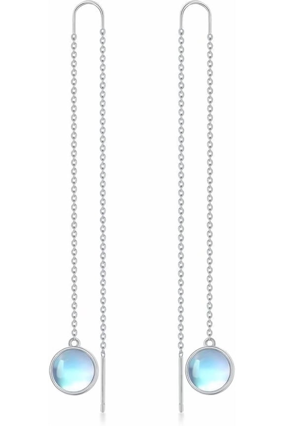 Moonstone Threader Earrings Long Chain Drop Earrings in 925 Sterling Silver