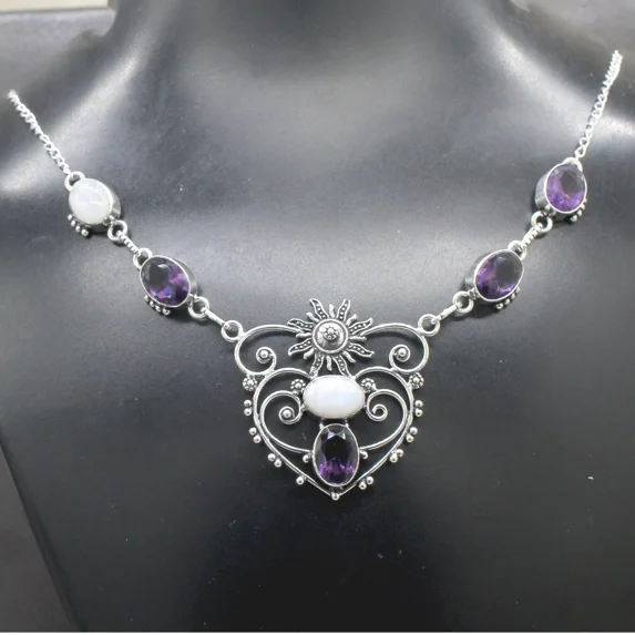 Moonstone & Tourmaline Gemstone 925 Sterling Silver Jewelry Necklace Size-17-18