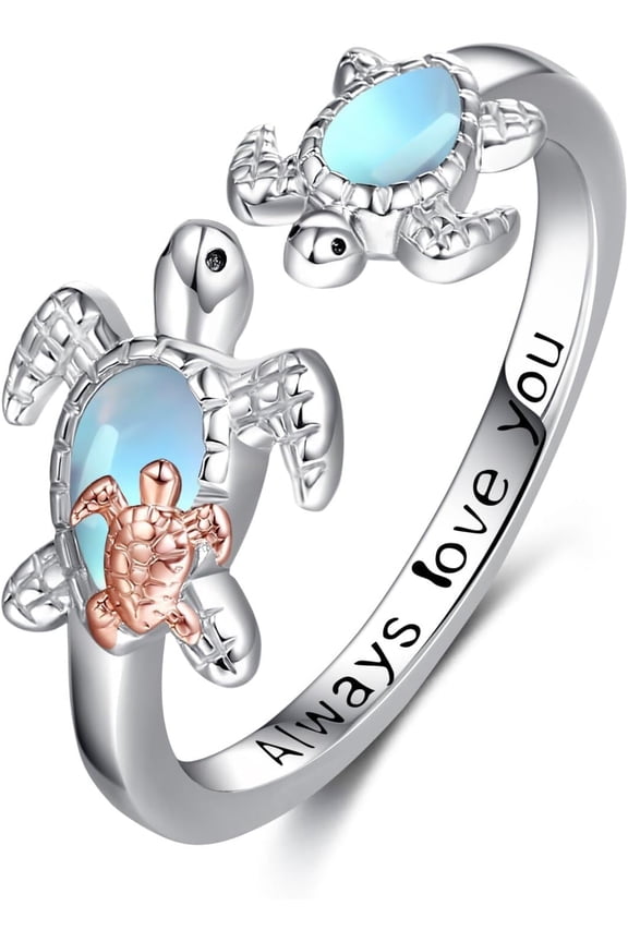 Moonstone Turtle Adjustable Ring 925 Sterling Silver Mother Sea Turtle Jewelry for Women Mom