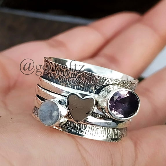 Moonstone With Amethyst Spinner Ring, Rainbow Moonstone Spinner Ring, Amethyst Spinner Ring, Heart Spinner Ring, 925 Sterling Silver Ring