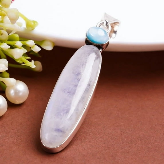 Moonstone and Larimar Gemstone Pendant 925 Sterling Silver Handmade Gift