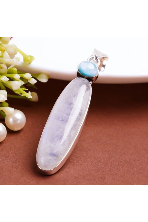 Moonstone and Larimar Gemstone Pendant 925 Sterling Silver Handmade Gift