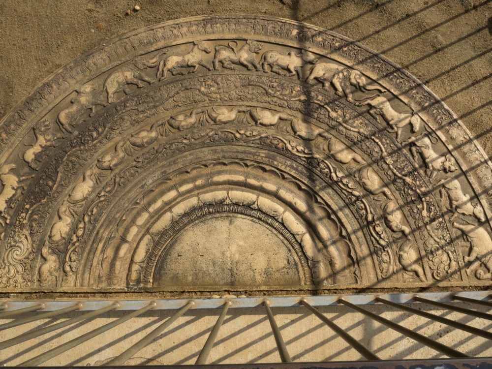 Moonstone (showing five circles of journey to attain nirvana) Mahasenas Palace Anuradhapura North Central Province Sri Lanka Canvas Art - Panoramic Images (12 x 16)