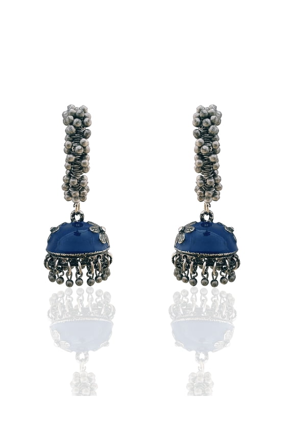 Moonstruck Ethnic Antique Meenakari Alloy Jhumkas with White Pearls for Women (Blue)