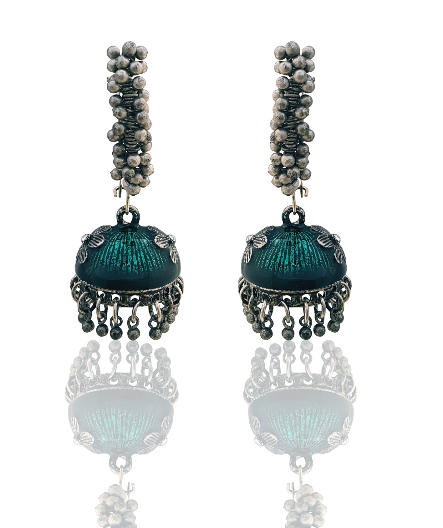 Moonstruck Ethnic Oxidised Meenakari Alloy Jhumkas with White