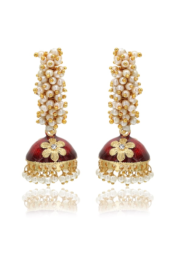 Moonstruck Indian Traditional Golden Meenakari Alloy Jhumkas with White Pearls for Women (Maroon)