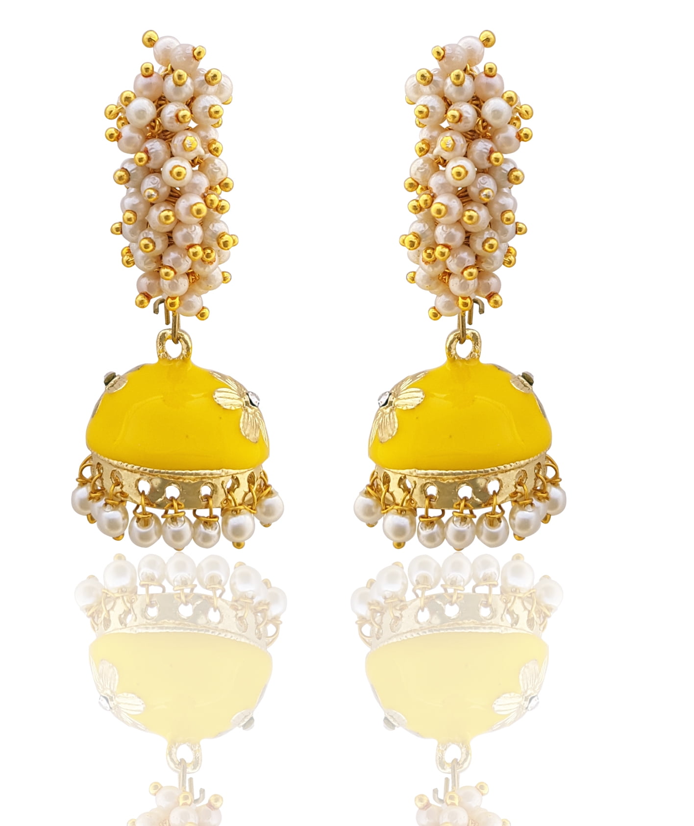 Moonstruck Traditional Indian Minakari Jhumka Earrings - Gold Tone With Green Stones & Pearls For Women